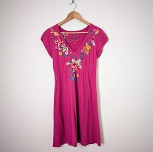 Johnny Was Fuchsia Pink Floral Embroidered Cotton Cap Sleeve Casual Mini Dress